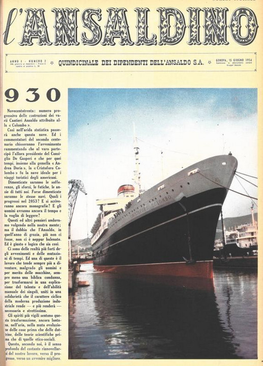 p. 1, (copertina), la t/n Cristoforo Colombo, 1954